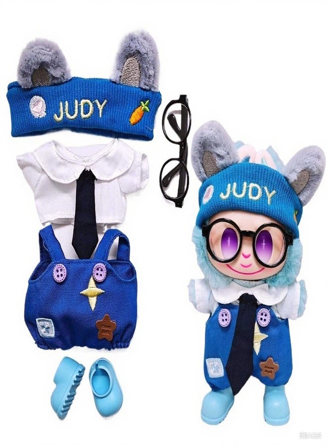 WASTROYAL Fit Labubu Outfit Set 1, 2 & 3 - Star and Bone Print Overalls with Tie, Trendy Doll Costume for Collectors and Toy Lovers (Blue) - Image 1